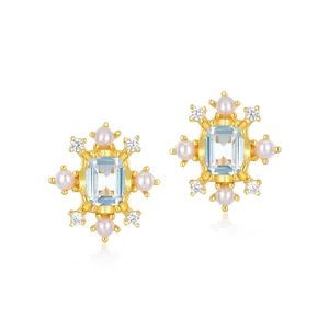 Luxury S925 Sterling Silver Natural Blue Topaz Flower Stud Earrings With White Artificial Pearl Zirconia Vintage Gold Plated Jewelry For Women