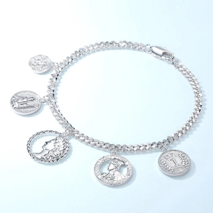 French retro embossed coin charm bracelet in silver finish with lobster clasp