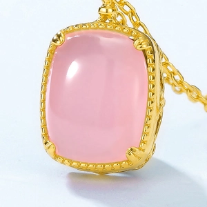 Classic S925 silver necklace with rectangular pink rose quartz gemstone and gold beaded border