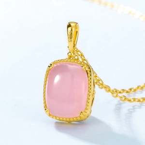 Classic S925 silver gold-plated necklace with a cushion-cut pink stone pendant