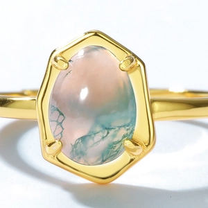 Adjustable 925 silver ring with hexagonal moss agate stone and gold finish