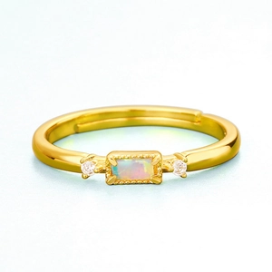 Bague japonaise en argent 925 doré avec opale et zircons, anneau ouvert et ajustable