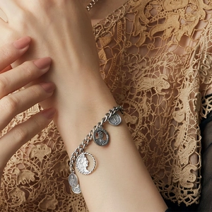 Vintage French relief coin bracelet in silver plating with thick chain link for women