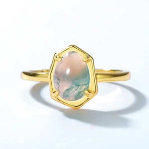 Minimalist 925 sterling silver ring with oval green moss agate and geometric gold finish