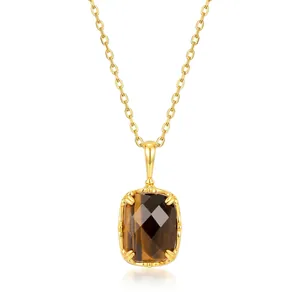Vintage S925 Sterling Silver Geometric Tiger Eye Stone Pendant Necklace For Women Japanese Style Gold Plated Fine Jewelry