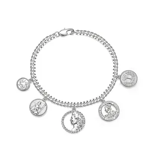 French Retro Coin Embossed Portrait Bracelet For Women Vintage Copper Plated Silver Curb Chain Multi Coin Pendant Jewelry