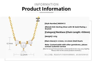 Detailed technical view of S925 silver pearl necklace with gold plating and dimensions