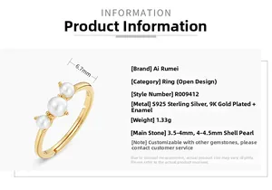 S925 sterling silver gold ring detailed specs with three white shell pearls