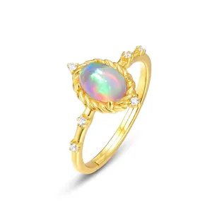 925 Sterling Silver Opal Ring For Women Vintage Geometric Oval Stone Gold Plated Adjustable Open Ring With Rhinestone Jewelry Gift
