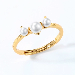 Japanese style 925 sterling silver gold plated open ring with three white pearls