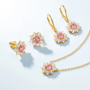 Parure de bijoux tournesol en argent 925 avec collier et boucles d'oreilles zircons roses