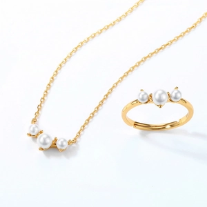 Elegant 925 sterling silver gold plated jewelry set with gradient pearl necklace and ring