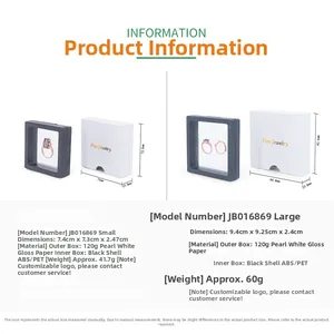 Size chart detail of PE film jewelry display box with white outer pearl paper case