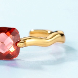 S925 sterling silver ring with square garnet stone and golden wave band for women