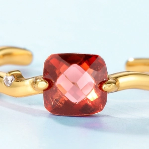 Minimalist S925 silver square garnet ring with gold finish and adjustable open band