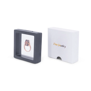Rose gold ring with blue star gem in black 3D floating display box and white gift packaging