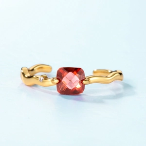 Adjustable S925 silver gold plated ring with square red garnet and wavy band