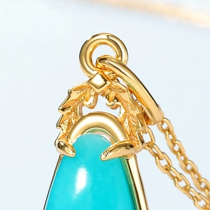 S925 silver necklace with golden leaf pendant and water-drop shaped blue amazonite stone