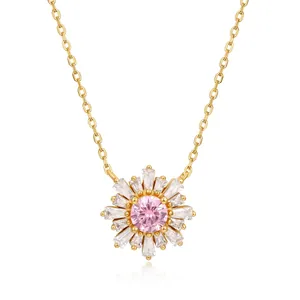 Collier Pendentif Tournesol en Argent Sterling 925 Zirconia Rose Plaqué Or Bijoux Marguerite pour Femme Quotidien