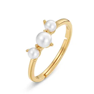 Elegant 925 Sterling Silver Gold Plated Adjustable Ring With Three White Shell Artificial Pearls Fashion Geometric Jewelry For Women