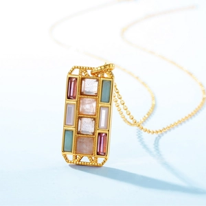 Artistieke gouden palet hanger ketting met kleurrijke ingelegde edelstenen