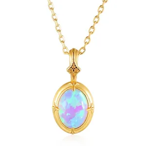 925 Sterling Silver Artificial Opal Pendant Necklace For Women Gold Plated Oval Geometric Vintage Luxury Small Fragrance Neck Jewelry