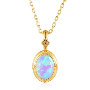 French vintage S925 silver gold plated oval opal pendant necklace with blue purple fire