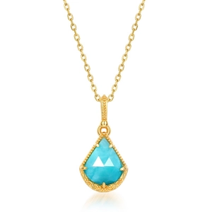 Collier en argent S925 plaqué or avec pendentif goutte géométrique en amazonite bleue