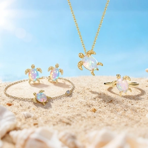 Golden sea turtle jewelry set with iridescent opal inlay on sandy beach background
