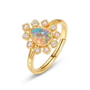 Vintage S925 Sterling Silber 10K Vergoldet Wassertropfen Opal Ring Mit Künstliche Perlen Und Zirkonia Verstellbarer Offener Schmuck Für Damen