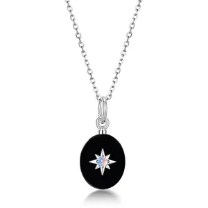 Collier Pendentif Étoile en Argent Sterling 925 Onyx Noir pour Femmes Ovale Minimaliste Opale Synthétique Bijoux Mode