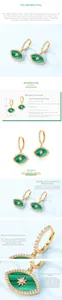 Vue détaillée des boucles d'oreilles œil maléfique en malachite et argent S925 doré