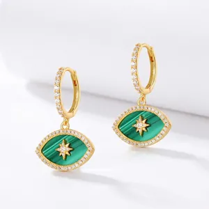Boucles d'Oreilles Pendantes Étoile Malachite Mauvais Œil en Argent Sterling 925 Plaqué Or Strass pour Femmes Bijoux
