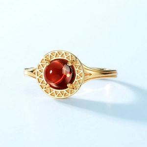 Retro S925 silver ring with red garnet stone in geometric gold setting for women