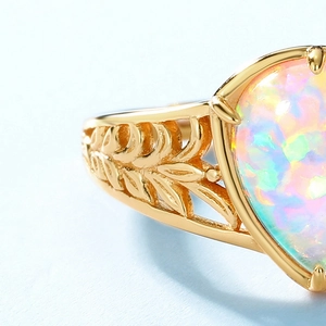 Minimalist gold S925 sterling silver geometric opal ring with leaf pattern engraving
