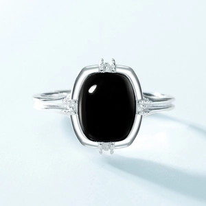 Minimalist S925 sterling silver ring with a rectangular black agate stone in 4-prong setting