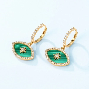 Boucles d'oreilles en argent S925 avec pendentif œil en malachite et zircons étincelants