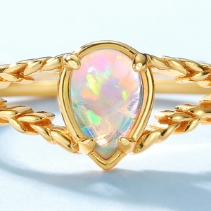 Vintage gold plated S925 silver opal ring with twisted band and colorful water drop gemstone