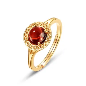 Vintage Palace Style S925 Sterling Silver Garnet Ring Geometric 10K Gold Plated Adjustable Open Finger Ring Jewelry For Women