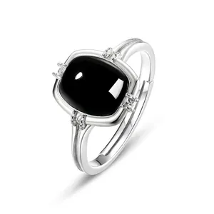 Minimalist 925 Sterling Silver Ring With Black Onyx Stone Geometric Cushion Cut Adjustable Open Band Fashion Jewelry For Women