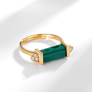 Minimalist S925 silver open ring with rectangular malachite and diamond accents