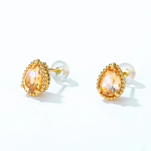 Water drop citrine stud earrings with golden beaded border and 925 silver studs