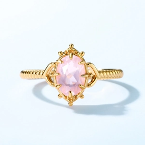 Vintage style S925 silver crown ring with large oval pink crystal and golden twisted band