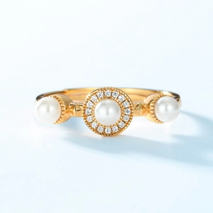 Anello vintage S925 regolabile con tre perle di conchiglia e alone di zirconi lucenti