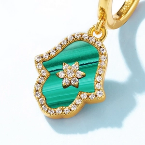 Elegant gold S925 silver Hamsa hand earrings featuring green malachite and white zircon gems