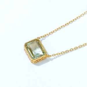 Minimalist S925 silver necklace with rectangular green crystal pendant in gold finish