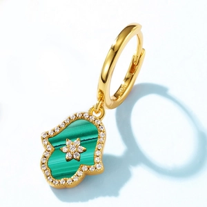 Elegant gold-plated Hamsa earrings featuring green malachite stone and white zircons