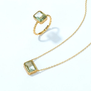 9K gold plated S925 silver jewelry set with rectangular green amethyst stone pendants