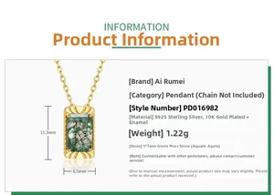 Détails du collier en argent S925 plaqué or avec agate mousse verte et dimensions