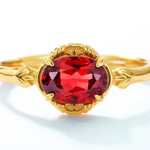 S925 sterling silver garnet ring with oval gemstone and vintage gold leaf design